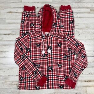 Christmas Onesie POOF New York‎ Red Plaid French Bulldog Fleece Hooded Sz Large